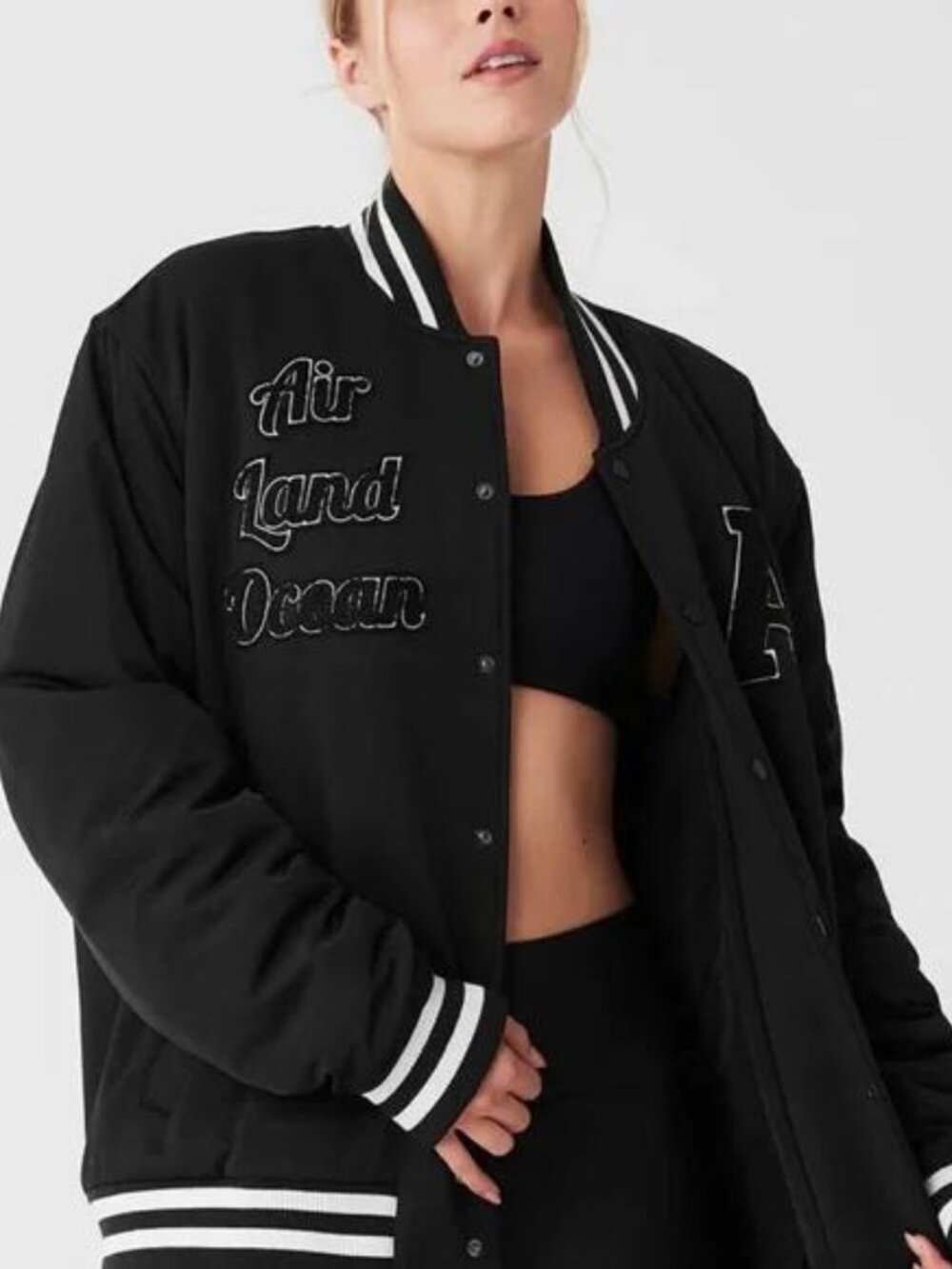 Alo Yoga G.O.A.T. Air Land Ocean Varsity Jacket – Black – Size M